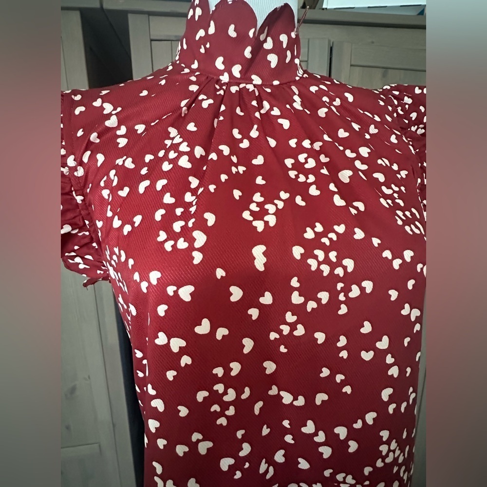 Heart print , red and white  Tiered Maxi Dress with Flutter Sleeves - Picture 4 of 12